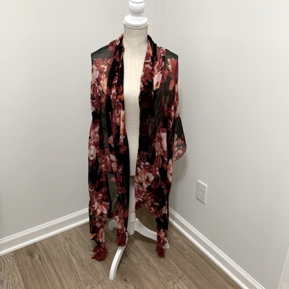 Floral Sheer Tasseled Wrap OSFM